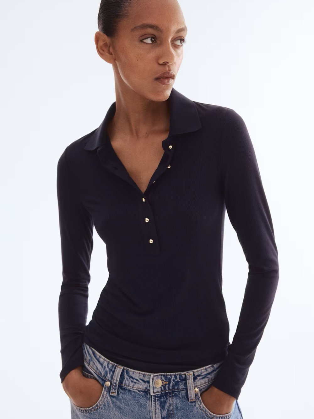 NWT H&M Long-Sleeve Ribbed Polo Top in Black